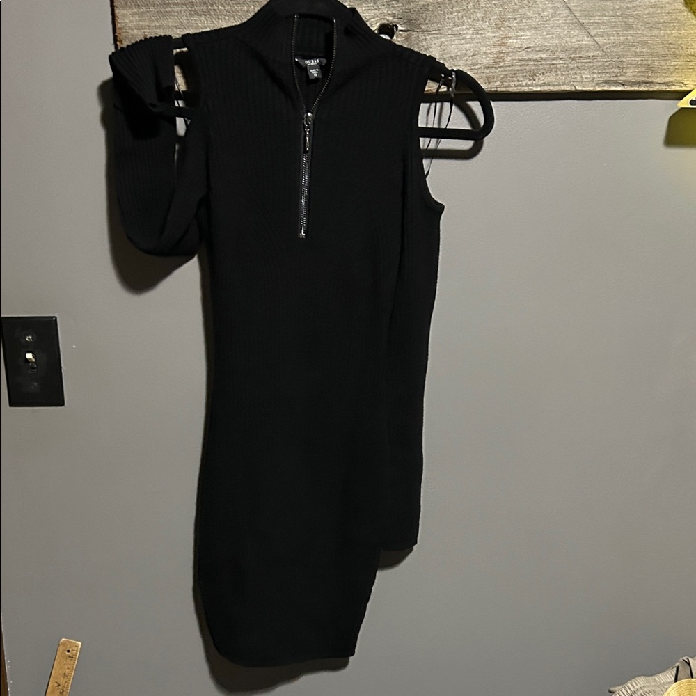 Guess Sexy Black Cold-Shoulder Knit Dress with Zip